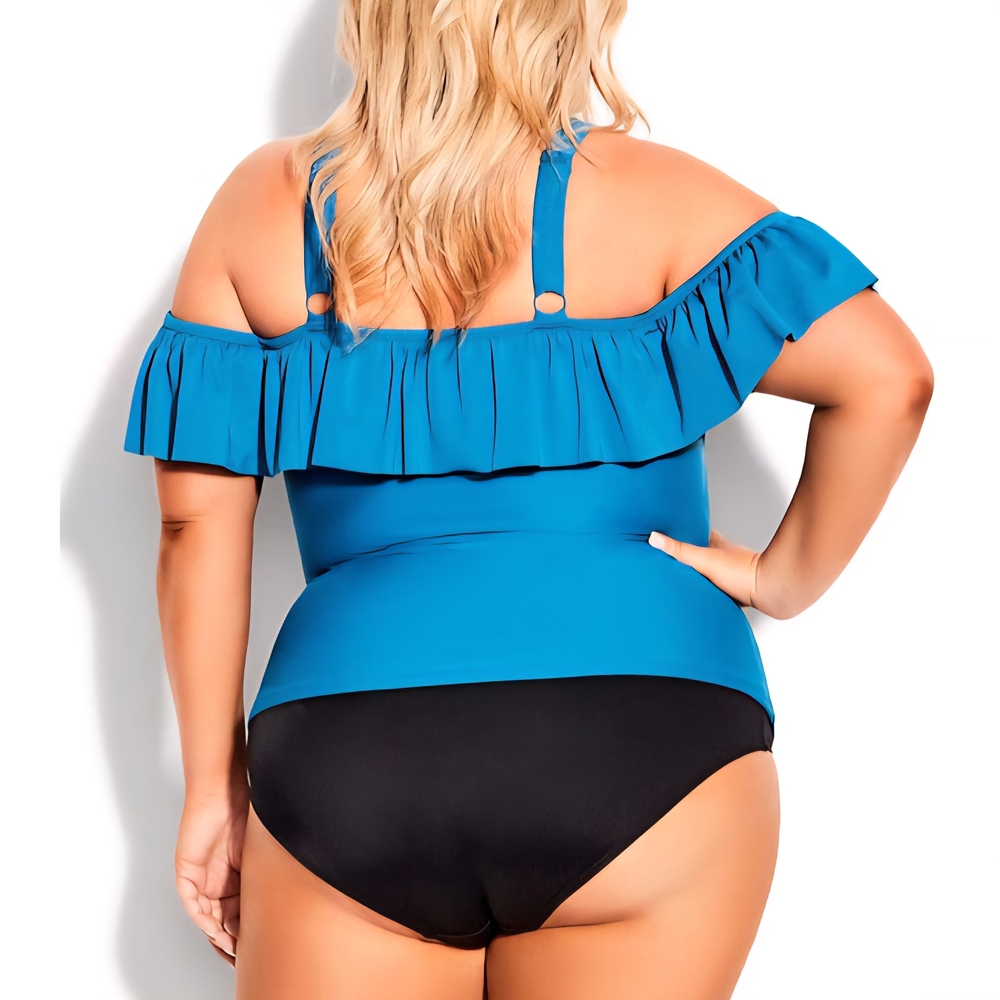 Blue Ruffle Off-Shoulder Swimsuit - Picture 3 of 10